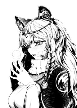 1girl animal_ears arknights blush braid breasts commentary_request greyscale jacket kjerag_logo large_breasts leopard_ears long_hair long_sleeves looking_at_viewer monochrome open_mouth pramanix_(arknights) sadahiro_(chicken_nugget_gyuuniku_aji) simple_background smile solo steepled_fingers sweater turtleneck turtleneck_sweater twin_braids upper_body