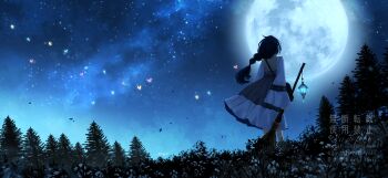 1girl absurdres black_hair braid broom brown_dress bug butterfly chaki_aiha commentary_request dress from_behind full_moon grass highres holding holding_broom insect lantern long_hair long_sleeves moon night night_sky original scenery single_braid sky solo standing star_(sky) starry_sky tree watermark wide_sleeves