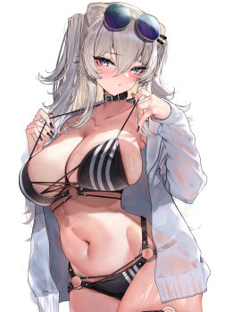 bikini black_bikini blush breasts closed_mouth coat collarbone commentary_request eyewear_on_head grey_eyes grey_hair hair_between_eyes hair_ornament hairclip highres hololive large_breasts long_hair long_sleeves looking_at_viewer lumium nail_polish navel o-ring shishiro_botan simple_background standing stomach striped sunglasses swimsuit vertical_stripes virtual_youtuber white_background white_coat