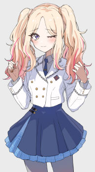 1girl ;) absurdres alternate_hairstyle blonde_hair blue_necktie blue_overskirt blue_skirt blush commentary gakuen_idolmaster grey_pantyhose grey_shirt hatsuboshi_gakuen_school_uniform highres idolmaster jacket juo_sena long_hair long_sleeves looking_at_viewer multicolored_hair necktie one_eye_closed pantyhose pink_hair pleated_skirt purple_eyes rinsu_(kilakira13) school_uniform shirt sidelocks simple_background skirt smile solo streaked_hair symbol-only_commentary twintails two-tone_hair white_jacket