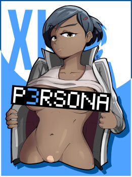 1girl bandaid bandaid_on_pussy black_hair breasts brown_eyes clothes_lift convenient_censoring dark-skinned_female dark_skin english_text gekkoukan_high_school_uniform gym_uniform highres navel nishiwaki_yuuko persona persona_3 ponytail school_uniform shirt_lift title underboob weihuan