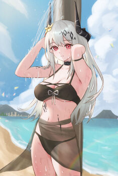 1girl arknights arms_up beach bikini black_bikini black_horns black_sarong breasts chinese_commentary cleavage closed_mouth commentary_request cowboy_shot day flower grey_hair hair_flower hair_ornament hands_in_own_hair highres horns infection_monitor_(arknights) lens_flare light_smile long_hair looking_at_viewer material_growth medium_breasts mudrock_(arknights) mudrock_(silent_night)_(arknights) navel official_alternate_costume oripathy_lesion_(arknights) outdoors partial_commentary red_eyes runyo_(yale12312) sarong see-through_clothes see-through_sarong showering solo standing swimsuit water wet yellow_flower