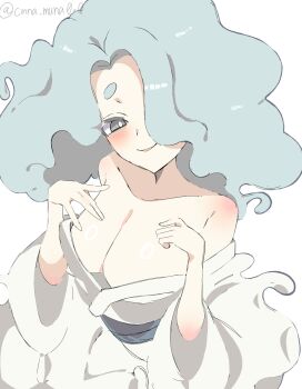 Rule 34 | 1girl, artist name, bare shoulders, blue hair, breasts, cleavage, commentary, enraenra (youkai watch), grey eyes, hair over one eye, highres, huge breasts, long hair, looking at viewer, simple background, solo, untranslatable commentary, user amkz7732, white background, youkai (youkai watch), youkai watch