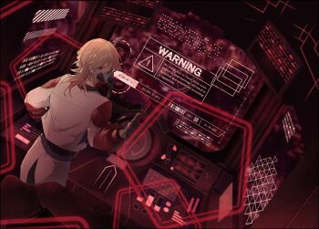 1boy alternate_costume alternate_universe arm_up belt black_gloves blonde_hair commentary from_above from_behind genshin_impact gloves gnkk_99999 hair_between_eyes holographic_monitor hoyofair indoors kaveh_(genshin_impact) long_sleeves looking_to_the_side mask mouth_mask red_background red_eyes short_hair sign solo standing symbol-only_commentary warning_sign