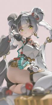 1girl arm_support ass bare_shoulders black_hair black_shorts blurry blurry_foreground braid braided_twintails china_dress chinese_clothes closed_mouth corded_phone detached_sleeves dialyn_(zenless_zone_zero) double_bun dress earrings hair_bun hair_extensions hair_intakes hair_ornament hairclip hand_up hashtag-only_commentary highres jewelry long_hair multicolored_hair necktie panda_hair_ornament phone pink_background ring_hair_extensions september0405 shorts smile solo sparkling_eyes split-color_hair thighhighs white_dress white_hair white_thighhighs yellow_eyes yellow_necktie zenless_zone_zero