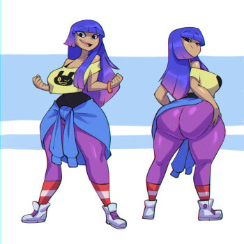 1girl ass bigdad blunt_bangs blush breasts full_body glitch_techs gloves long_hair looking_at_viewer miko_kubota purple_hair shirt simple_background smile solo thick_thighs thighhighs thighs toon_(style) very_long_hair yellow_shirt