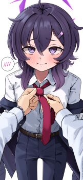 1boy 1girl absurdres adjusting_clothes adjusting_necktie alternate_costume belt black_pants blue_archive blush closed_mouth commentary_request coralreef966 cowboy_shot dress_shirt formal_clothes hair_between_eyes hair_ornament hairclip halo haruka_(blue_archive) haruka_(suit)_(blue_archive) highres jacket jacket_partially_removed looking_at_viewer medium_hair necktie official_alternate_costume pants pov pov_hands purple_eyes purple_hair purple_halo red_necktie sensei_(blue_archive) shirt simple_background smile speech_bubble spoken_blush suit suit_pants white_background white_shirt