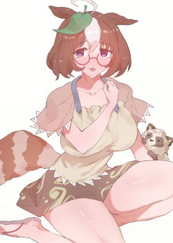 @_@ absurdres ahoge animal_ears animal_on_arm apron arm_up bespectacled blush breasts brown_apron brown_dress brown_hair brown_skirt cosplay dress embarrassed futatsuiwa_mamizou futatsuiwa_mamizou_(cosplay) glasses green_leaf grey_sandals hair_between_eyes hand_on_own_chest highres horse_ears horse_girl large_breasts leaf leaf_on_head meisho_doto_(umamusume) open_mouth purple_eyes raccoon_tail red-framed_eyewear sandals semi-rimless_eyewear senmura short_hair skirt tail tanuki thick_thighs thighs touhou umamusume white_hair