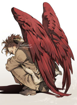 1boy boku_no_hero_academia brown_hair brown_jacket brown_pants ear_protection feathered_wings feathers forked_eyebrows fur-trimmed_jacket fur_trim hawks_(boku_no_hero_academia) jacket kadeart looking_at_viewer male_focus one_eye_closed pants red_feathers short_hair solo squatting superhero_costume wings