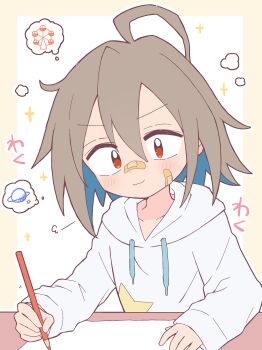 1girl :3 ahoge bandaid bandaid_on_cheek bandaid_on_face bandaid_on_nose blue_hair blush border brown_hair closed_mouth collarbone colored_inner_hair commentary do_it_yourself!! dot_nose double-parted_bangs drawing_(action) drawstring ferris_wheel hair_between_eyes highres hood hood_down hoodie long_sleeves multicolored_hair outline outside_border plant print_hoodie red_eyes richard_(richaball) short_hair simple_background smile solo sparkle star_(symbol) star_print upper_body white_background white_hoodie white_outline yellow_border yua_serufu