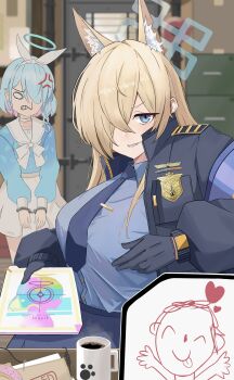 1boy 2girls absurdres anger_vein angry animal_ear_fluff animal_ears arona_(blue_archive) black_gloves black_jacket blonde_hair blue_archive blue_eyes blue_hair blue_halo blue_necktie blue_shirt blurry blurry_background bound bound_wrists breasts cabinet choker coffee coffee_mug collared_shirt colored_inner_hair cuffs cup desk dog_ears donut doodle_sensei_(blue_archive) door food gloves hair_over_one_eye halo handcuffs hashtag-only_commentary heart highres indoors jacket kanna_(blue_archive) large_breasts long_hair long_sleeves looking_at_viewer mug multicolored_hair multiple_girls necktie open_clothes open_jacket pink_hair police_badge recruitment_(blue_archive) sailor_collar sensei_(blue_archive) sharp_teeth shirt sitting skirt smile steam teeth tongue tongue_out white_choker white_sailor_collar white_skirt zi0807 zipper