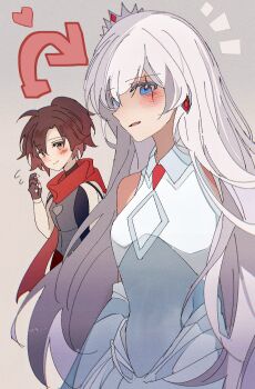 2girls akane031 arrow_(symbol) blue_eyes blush cape dress fingerless_gloves gloves gradient_hair grey_background grey_eyes heart highres long_hair multicolored_hair multiple_girls ponytail red_cape red_hair ruby_rose rwby scar scar_across_eye scar_on_face short_hair simple_background surprised tiara weiss_schnee white_dress white_hair yuri
