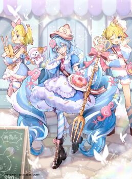 Rule 34 | 1boy, 2girls, animal, apron, aqua eyes, aqua hair, asymmetrical legwear, blonde hair, blue bow, blue dress, blue eyes, blue hair, blue sleeves, blush, boots, bow, bowtie, bread, brown boots, brown hat, closed mouth, commentary request, cookie, dessert, detached sleeves, dress, dress bow, food, food-themed clothes, food-themed hat ornament, fork, frilled apron, frills, fruit, full body, fur-trimmed dress, fur-trimmed sleeves, fur trim, green eyes, hair between eyes, hair ornament, hat, hat ornament, hatsune miku, highres, holding, holding fork, kagamine len, kagamine rin, knee boots, long hair, long sleeves, looking at viewer, mismatched legwear, multiple girls, necktie, official alternate costume, official alternate hairstyle, one eye closed, open mouth, pantyhose, pink necktie, puffy sleeves, rabbit yukine, short sleeves, smile, snowflake print, striped clothes, striped pantyhose, suiren nei, tongue, tongue out, twintails, two-tone sleeves, very long hair, vocaloid, wavy hair, white apron, yuki len, yuki miku, yuki miku (2026), yuki rin