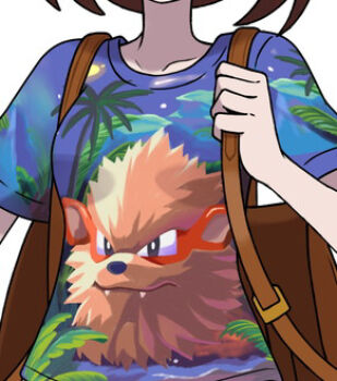 Rule 34 | 1girl, alternate costume, arcanine, asatsuki (fgfff), backpack, bag, brown bag, brown hair, character print, collarbone, commentary request, gen 1 pokemon, gloria (pokemon), hand up, holding strap, lowres, medium hair, nintendo, pokemon, pokemon swsh, print shirt, shirt, short sleeves, simple background, solo, t-shirt, upper body, white background