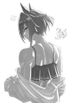 Rule 34 | absurdres, animal ears, back, cheval grand (umamusume), commentary, cropped torso, doodle inset, frilled shirt, frills, from behind, highres, horse ears, horse girl, jacket, looking at viewer, muscular, muscular female, off shoulder, senchan 7, shirt, sideways glance, umamusume, white background