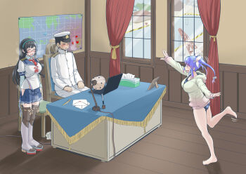 1boy 2girls admiral_(kancolle) aftersex alternate_breast_size black_hair blue_hair blue_skirt breasts chair computer crane_(machine) desk glasses green_hairband hairband hat highres holding holding_panties holding_underwear holding_unworn_clothes i-19_(kancolle) indoors kantai_collection laptop large_breasts long_hair long_sleeves map military military_uniform mimofu_(fullhighkick) miniskirt multiple_girls naval_uniform one-piece_swimsuit ooyodo_(kancolle) panties peaked_cap pleated_skirt school_swimsuit school_uniform serafuku skirt speech_bubble swimsuit swimsuit_under_clothes thighhighs tissue_box translated tri_tails underwear unworn_panties window wooden_floor