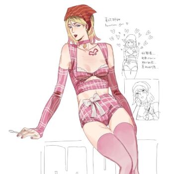 Rule 34 | 1girl, alternate costume, amantes404, bandana, bare shoulders, blonde hair, breasts, character name, chest tattoo, choker, cleavage, colored tips, cowboy shot, crop top, detached sleeves, hair between eyes, holding, holding spoon, lingerie, maria (silent hill), medium breasts, medium hair, midriff, multicolored hair, open mouth, panties, pendant choker, pink choker, pink hair, pink panties, pink shirt, pink sleeves, pink thighhighs, plaid clothes, plaid sleeves, red bandana, shirt, silent hill (series), silent hill 2, solo, spoon, tattoo, thighhighs, underwear, white background