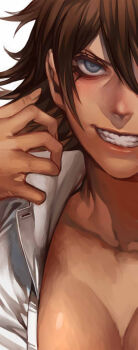 Rule 34 | 1girl, blue eyes, breasts, brown hair, claw pose, cleavage, collarbone, collared shirt, commentary request, danganronpa (series), danganronpa 2: goodbye despair, eyelashes, fingernails, grin, irohara mitabi, large breasts, long hair, owari akane, red lips, shirt, simple background, smile, solo, upper body, white-stew, white background