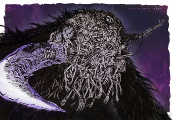 arm_up black_cloak bone cloak comma03 commentary_request dark_souls_(series) dark_souls_i gravelord_nito highres holding holding_weapon open_mouth pen_(medium) skeleton skull solo traditional_media undead weapon