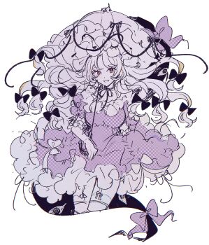 Rule 34 | 1girl, bow, breasts, commentary request, dress, elbow gloves, gap (touhou), garter straps, gloves, hair bow, hair ribbon, hat, highres, holding, holding umbrella, long hair, looking at viewer, mob cap, mozukuzu (manukedori), multiple hair bows, open mouth, parasol, purple dress, purple theme, ribbon, smile, solo, thighhighs, touhou, umbrella, very long hair, yakumo yukari