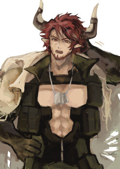 Rule 34 | 1boy, abs, absurdres, animal ears, arknights, arm behind head, babu don (don 10 13), bara, beard, cape, commentary request, cow boy, cow ears, cow horns, dog tags, facial hair, highres, horns, humus (arknights), large pectorals, looking at viewer, male focus, mature male, multicolored hair, muscular, muscular male, open mouth, pectoral cleavage, pectorals, red eyes, red hair, short hair, solo, streaked hair, thick eyebrows, upper body
