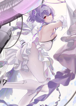 1girl aeon_ion bare_shoulders blush breasts detached_sleeves frills goddess_of_victory:_nikke highres jellyfish jellyfish_girl leotard liberalio_(nikke) long_hair long_sleeves looking_at_viewer medium_breasts pantyhose purple_hair red_eyes simple_background skirt sleeves_past_wrists smile solo tail_blade white_background white_leotard white_pantyhose