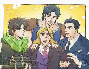 Rule 34 | 4boys, armor, battle tendency, blonde hair, blue eyes, blue hair, blue shirt, blue tank top, blush, brown hair, closed eyes, commentary request, fingerless gloves, formal clothes, george joestar ii, gloves, green eyes, green scarf, hand on another's shoulder, holding another's arm, jojo no kimyou na bouken, jonathan joestar, joseph joestar, joseph joestar (young), long hair, male focus, multiple boys, muscular, muscular male, necktie, phantom blood, purple vest, robert e. o. speedwagon, scar, scarf, shirt, short hair, shoulder armor, smile, striped clothes, striped scarf, suit, tank top, under under 01, vest, yellow background, yellow eyes