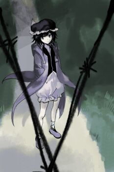 1other absurdres androgynous ankle_socks bamboo black_hair black_shirt boots buttons chinese_commentary coattails collared_shirt commentary detached_hood english_commentary expressionless frilled_headwear frilled_shorts frills full_body grass hair_between_eyes hands_in_pockets hat highres hood hood_down hooded_jacket jacket len'en long_sleeves looking_at_viewer mixed-language_commentary mob_cap multilingual_commentary night open_clothes open_jacket other_focus outdoors path puffy_shorts purple_boots purple_eyes purple_hat purple_jacket road shirt shitodo_kuroji short_hair shorts socks solo standing triangular_headpiece v-neck white_shorts white_socks yancao_(pixiv_103434280) zipper