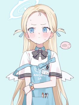 1girl ahoge apron black_bow black_bowtie blonde_hair blue_apron blue_archive blue_bow blue_eyes blue_halo blush bow bow_apron bowtie closed_mouth commentary_request forehead fymrie grey_background halo highres looking_to_the_side shirt short_sleeves simple_background solo sora_(blue_archive) spoken_blush strap_slip striped_bow striped_bowtie striped_clothes sweat two_side_up white_shirt