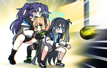 3girls absurdly_long_hair animal_ear_headphones animal_ears aqua_halo aris_(blue_archive) black_hair black_halo blonde_hair blue_archive blue_eyes blue_necktie cat_ear_headphones cat_ears commentary_request dodgeball fake_animal_ears golmonggu green_halo hair_between_eyes halo headphones highres hunter_x_hunter jacket jacket_partially_removed korean_commentary long_hair long_hair_between_eyes long_sleeves mechanical_halo midori_(blue_archive) multiple_girls necktie one_side_up parody playing_sports purple_eyes purple_hair rectangular_halo ringed_eyes short_hair two_side_up very_long_hair yuuka_(blue_archive)