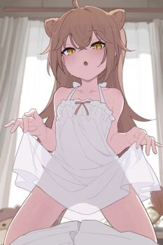 1boy 1girl ahoge animal_ears blouse blush breasts brown_hair clothes_lift collarbone dress dress_lift girl_on_top hair_between_eyes hetero highres indie_virtual_youtuber indoors kakure_eria lifting_own_clothes lion_ears lion_girl lion_tail looking_at_viewer open_mouth pov pov_crotch rurudo_lion rurudo_lion_(1st_costume) see-through_clothes see-through_dress shirt sleeveless sleeveless_dress small_breasts solo_focus tail virtual_youtuber white_dress white_shirt yellow_eyes