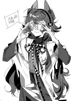 Rule 34 | 1girl, absurdres, adjusting eyewear, capelet, checkered ribbon, closed mouth, glasses, greyscale, hairband, hands on eyewear, hands up, highres, kemonomimi mode, light bulb, long hair, long sleeves, looking at viewer, molu stranger, monochrome, neck ribbon, red eyes, reverse:1999, ribbon, simple background, smile, solo, sonetto (emotion in tranquility) (reverse:1999), sonetto (reverse:1999), speech bubble, spoken character, spoken light bulb, two side up, upper body, very long hair, white background