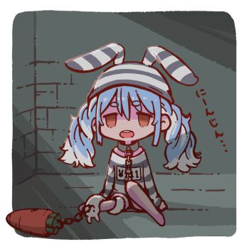 Rule 34 | 1girl, animal ears, ball and chain restraint, barefoot, border, carrot, chain, chibi, commentary request, cuffs, don-chan (usada pekora), empty eyes, highres, hololive, kureijii saiko, open mouth, prison, prison cell, prison clothes, rabbit ears, shirt, sitting, solo, striped clothes, striped headwear, striped shirt, twintails, usada pekora, usada pekora (prisoner), virtual youtuber, white border