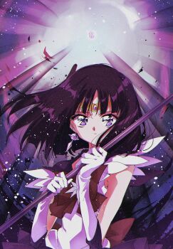 1girl bishoujo_senshi_sailor_moon black_hair blunt_ends bow earrings glaive_(polearm) gloves highres holding holding_polearm holding_weapon jewelry leotard looking_at_viewer planet_earrings pochiya_(pochaccojr) polearm purple_bow purple_eyes purple_sailor_collar purple_skirt sailor_collar sailor_saturn sailor_senshi saturn_symbol short_hair silence_glaive skirt solo standing tiara tomoe_hotaru upper_body waist_bow weapon white_gloves white_leotard