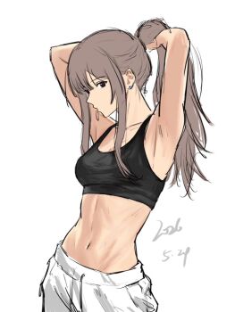 1girl armpits arms_up black_sports_bra breasts brown_hair commentary cowboy_shot hair_tie hair_tie_in_mouth long_hair looking_at_viewer looking_to_the_side magnet20231027 medium_breasts mouth_hold navel no_shirt pants ponytail purple_eyes sendai_hazuki shuuniichido_classmate_wo_kau_hanashi sideways_glance simple_background sketch solo sports_bra standing stomach tying_hair variant_set white_background white_pants