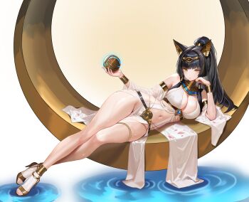 1girl absurdres ancient_egyptian_clothes animal_ears armlet bare_legs black_hair blue_gemstone blunt_bangs breasts center_opening cleavage closed_mouth clothing_cutout commentary_request detached_sleeves dress elbow_rest feet full_body gem gold gold_armlet gold_wrist_cuffs gradient_background groin hand_on_own_cheek hand_on_own_face headpiece high_heels highres holding jewelry large_breasts legs long_hair looking_at_viewer lying mole mole_under_eye navel on_side original pelvic_curtain pink_petals ponytail ripples sandals see-through_clothes see-through_sleeves solo strappy_heels thighs toenails toes usekh_collar very_long_hair water white_dress wonderkeyu yellow_background yellow_eyes