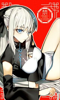 1girl black_bow black_dress blue_eyes bow braid breasts china_dress chinese_clothes cleavage detached_sleeves dress fate/grand_order fate_(series) grey_hair hair_bow highres kabosoi_mangaka large_breasts long_hair looking_at_viewer morgan_le_fay_(fate) ponytail sidelocks solo thighs two-tone_dress very_long_hair white_dress wide_sleeves