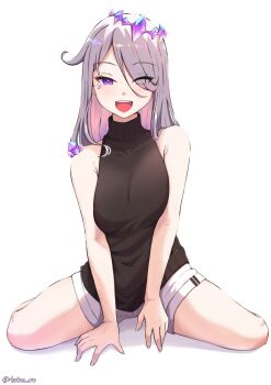 1girl :d absurdres alternate_body_size alternate_costume arm_support bare_arms between_legs breasts breasts_squeezed_together circlet colored_inner_hair double-parted_bangs eyes_visible_through_hair hair_over_one_eye half-closed_eyes hand_between_legs highres hololive hololive_english jewel_under_eye koseki_bijou leaning_forward long_hair looking_at_viewer loosely_tucked_bangs medium_breasts multicolored_hair open_mouth shorts sitting sleeveless sleeveless_sweater sleeveless_turtleneck smile sweater takoroki tsurime turtleneck v_arms very_long_hair virtual_youtuber wariza white_background white_shorts