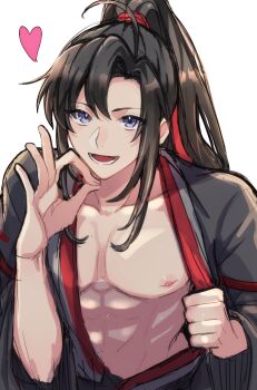1boy :d abs ahoge aslle bare_pectorals bishounen black_hair black_hanfu blue_eyes chinese_clothes collarbone commentary_request fellatio_gesture hair_ribbon hand_up hanfu heart high_ponytail highres implied_yaoi long_hair long_sleeves looking_at_viewer male_focus modao_zushi nipples open_clothes open_mouth open_robe oral_invitation pectorals ponytail purple_eyes red_ribbon ribbon robe sidelocks simple_background smile solo toned toned_male undressing upper_body wei_wuxian white_background wide_sleeves