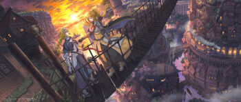 2girls aircraft armor artist_name bird black_cape blonde_hair blue_eyes bow_(weapon) braid breasts bridge cape cloud commentary_request commission darkness_(konosuba) day dirigible fate/grand_order fate_(series) hair_ornament highres holding holding_bow_(weapon) holding_weapon house jeanne_d'arc_(fate) kono_subarashii_sekai_ni_shukufuku_wo! large_breasts long_hair looking_at_another multiple_girls nagi_itsuki open_mouth outdoors ponytail railroad_tracks scenery single_braid skeb_commission smile steam steampunk sunset teeth train upper_teeth_only weapon window wooden_bridge x_hair_ornament