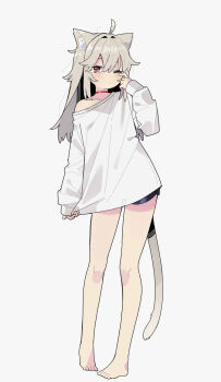 1girl animal_ear_fluff animal_ears barefoot black_shorts cat_ears cat_girl cat_tail choker full_body grey_hair highres long_hair long_sleeves looking_at_viewer messy_hair off_shoulder one_eye_closed original pa._(tatuya28001) red_choker red_eyes shirt shirt_hold shorts simple_background sleepy tail tears white_background white_shirt wiping_tears