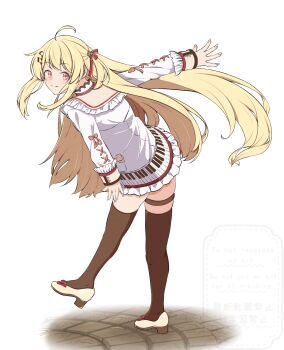 1girl ahoge black_thighhighs blonde_hair blush closed_mouth fortissimo hair_ornament hair_ribbon high_heels highres hololive hololive_dev_is jacket long_hair looking_at_viewer matuki124yuki musical_note musical_note_hair_ornament otonose_kanade otonose_kanade_(1st_costume) red_eyes red_ribbon ribbon shoes smile solo thigh_strap thighhighs very_long_hair virtual_youtuber white_jacket white_shoes