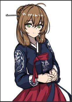 1girl alternate_costume baek_hyang blue_hanbok breasts brown_hair girls&#039;_frontline green_eyes hanbok korean_clothes medium_breasts simple_background smile solo springfield_(girls&#039;_frontline) twitter white_background