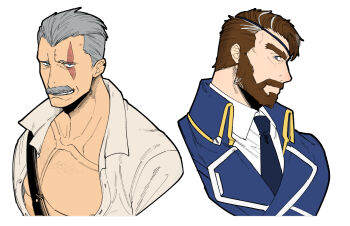 2boys another_eidos-r bara bart_(another_eidos) beard blue_eyes blue_jacket blue_necktie closed_mouth collarbone commentary_request connected_beard eyepatch facial_hair grey_hair harold_(another_eidos) highres itaru_(kidomh63) jacket male_focus mature_male multiple_boys mustache necktie pectorals scar scar_across_eye scar_on_face shirt short_hair sideburns white_shirt