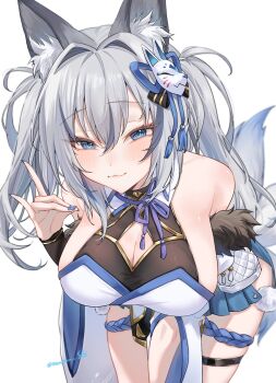1girl animal_ear_fluff animal_ears blue_eyes blue_nails breasts cleavage cleavage_cutout clothing_cutout fox_ears fox_girl fox_shadow_puppet fox_tail grey_hair highres inari_iroha large_breasts leaning_forward long_hair mask mask_on_head noripro pom_pom_(clothes) season_siki solo tail thigh_strap virtual_youtuber