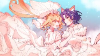 Rule 34 | 2girls, blonde hair, blue hair, blush, bridal veil, bride, cho kaguya-hime!, choker, commentary, dress, fang, female focus, green eyes, hashtag-only commentary, highres, holding hands, i00236, indoors, kaguya (cho kaguya-hime!), light blush, long hair, multiple girls, off-shoulder dress, off shoulder, open mouth, sakayori iroha, short hair, short sleeves, veil, wedding dress, white choker, white dress, wife and wife, yuri