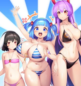 3girls animal_ears arm_up bikini black_bikini black_hair blue_background blue_bikini blue_eyes blue_hair blunt_bangs blush breasts carrot_necklace cleavage closed_mouth commentary_request cowboy_shot expressionless flat_chest floppy_ears hair_bobbles hair_ornament highres huge_breasts inaba_tewi jewelry kawashiro_nitori key large_breasts long_hair looking_at_viewer multiple_girls navel necklace o-ring_bikini_bottom open_mouth pink_bikini purple_hair rabbit_ears rabbit_girl red_eyes reisen_udongein_inaba short_hair smile striped_bikini striped_clothes sunburst sunburst_background swimsuit tarmo touhou two_side_up very_long_hair white_background