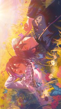 Rule 34 | 2boys, absurdres, ahoge, auni, black hair, black jacket, blue butterfly, bug, butterfly, butterfly on hand, buttons, checkered clothes, checkered scarf, closed eyes, collared jacket, commentary, danganronpa (series), danganronpa v3: killing harmony, english commentary, eyelashes, field, flipped hair, flower, flower field, grass, hair between eyes, highres, insect, jacket, long sleeves, lying, male focus, multiple boys, oma kokichi, on back, open mouth, outdoors, parted lips, pinstripe jacket, pinstripe pattern, purple butterfly, purple hair, saihara shuichi, scarf, short hair, smile, striped clothes, striped jacket, sunlight, teeth, two-tone scarf, yellow eyes