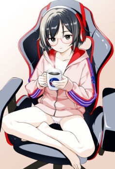 1girl bare_legs barefoot black_hair brown_background chair chill_with_you:_lo-fi_story closed_mouth coffee coffee_mug commentary commentary_request crotch_seam cup english_commentary full_body glasses grey_eyes headphones highres holding holding_cup hood hooded_jacket indian_style jacket looking_at_viewer mixed-language_commentary moonsorrow mug no_pants on_chair panties partially_unzipped pink_jacket red-framed_eyewear satone_(chill_with_you) short_hair sitting solo steam steaming_cup swivel_chair underwear white_panties