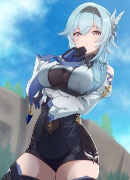 1girl arm_under_breasts black_gloves black_hairband blue_hair blue_necktie blue_sky breasts clothing_cutout cowboy_shot day eula_(genshin_impact) genshin_impact gloves hair_ornament hairband hand_on_own_chin high-waist_shorts highres large_breasts long_hair medium_hair mimkai necktie orange_eyes parted_lips shorts shoulder_cutout sky solo stroking_own_chin wide_sleeves
